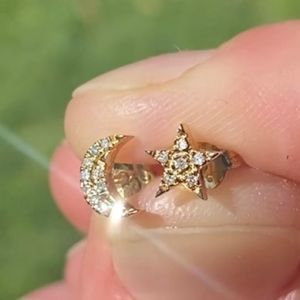 10K Yellow Gold & Diamond Moon and Star Stud Earrings